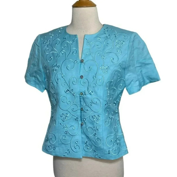 Coldwater‎ Creek 6P turquoise blue short sleeve linen blend embroidered skirt - Picture 3 of 10